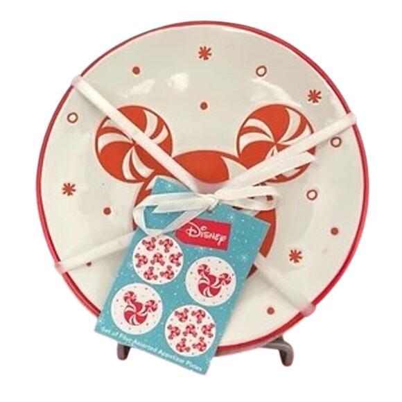 Disney MICKEY PEPPERMINT Appetizer Plates 6in Ceramic Set of 4 Holiday Red White - Picture 2 of 5